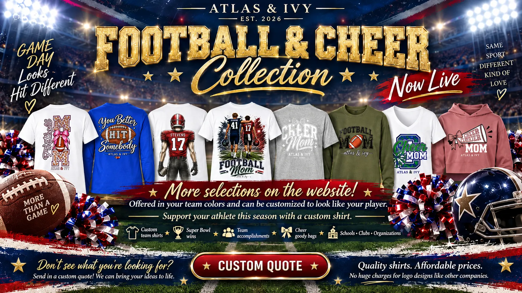Atlas & Ivy Football & Cheer Collection now live: football mom and cheer mom shirts offered in your team colors and customizable to look like your player